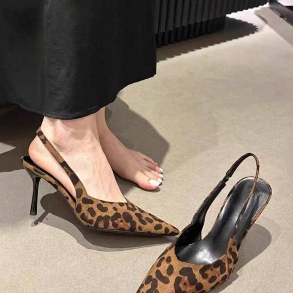 Brown Preppy Women's Pointed Toe Slingback High Heel Sandals - Picture 3 of 5